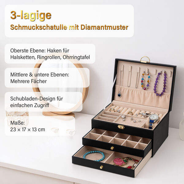3-lagige Schmuckbox aus PU mit Diamantmuster und 5 Silberpoliertücher, schwarz image number 2