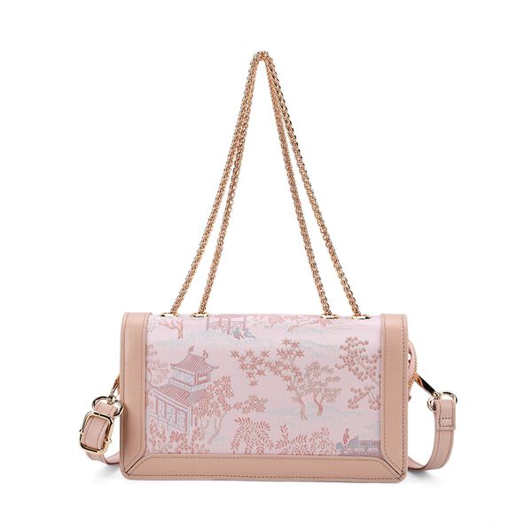 LA MAREY Brokat Crossbody Tasche aus Seide und Echtleder, 23x13x7cm, Rosa