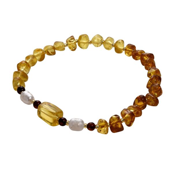 Wei&szlig;e S&uuml;&szlig;wasser Perle (6-8 mm), Mehrfarbiger Bernstein Armband, Flexibles ca. 18 cm - 19 cm image number 4