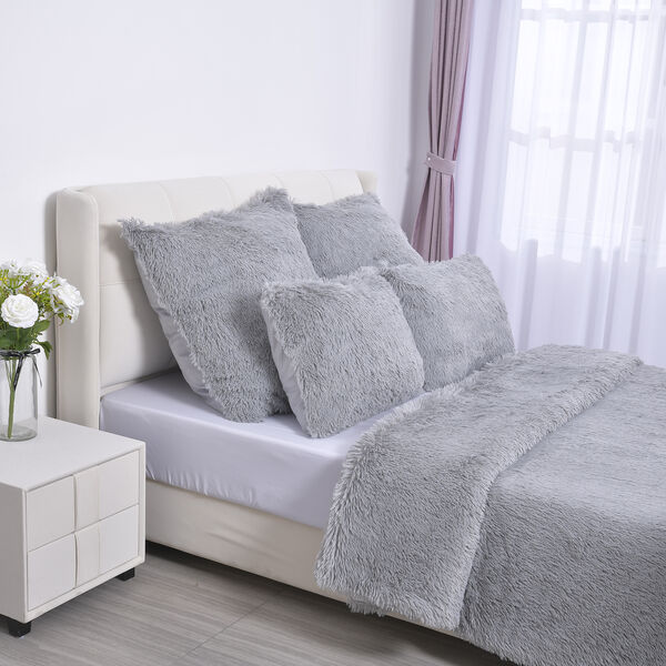 SERENITY NIGHT: 3er-Set - Überwurf und 2 Kissenbezüge aus Kunstfell, Grau image number 4