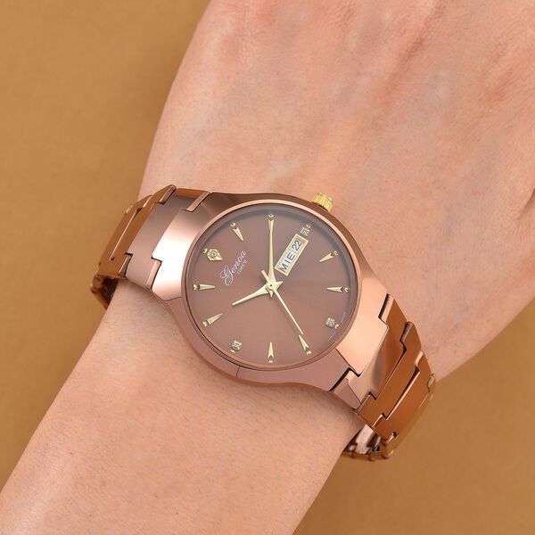 GENOA TIME V2 Uhr mit Japanischem VJ33 Quarzwerk, 36 mm, Zifferblatt mit Kristallen und Datumsanzeige, Armband aus Wolframstahl, 3 ATM wasserdicht, Coffee-Braun image number 2