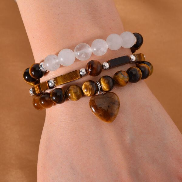 3er-Set- Gelbe Tigerauge und weiße Kristall Quarz-Armbänder - 231 ct. image number 2