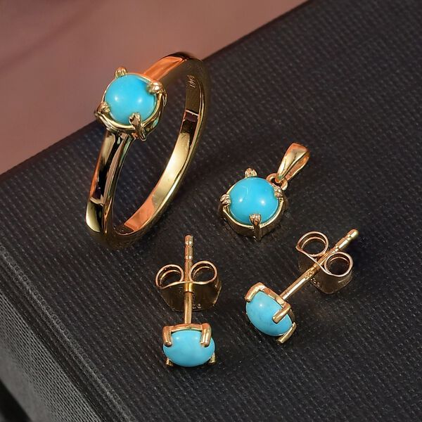 3er Set - D joy Sleeping Beauty Türkis Ring, Ohrringe und Anhänger mit Kette, (Größe 21.00) 925 Silber 750 Gelbgold Vermeil, ca. 1.76 ct image number 2
