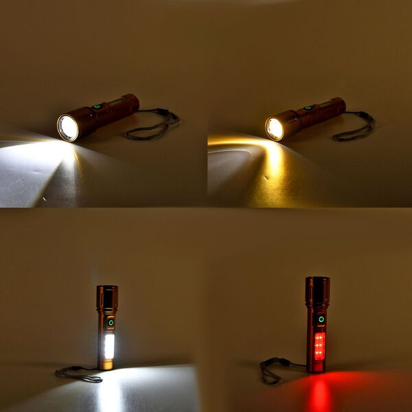 LIVMORE 6 in 1 LED-Taschenlampen aus Metall mit SOS Funktion, wiederaufladbar, 14x3,5 cm, Gold image number 1