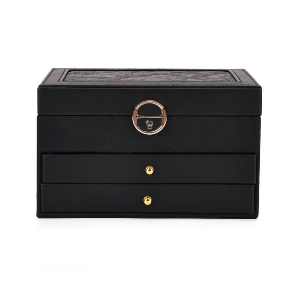 3-lagige PU Schmuckk&auml;stchen mit gepr&auml;gtem Blumenmuster, 22x17x13 cm, Schwarz image number 3