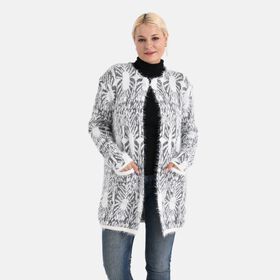 Cardigan mit abstraktem Blumenmuster und Taschen, One Size, Länge 78 cm, Grau