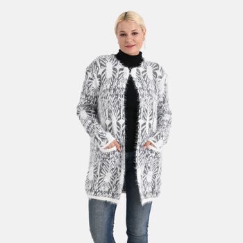 Cardigan mit abstraktem Blumenmuster und Taschen, One Size, L&auml;nge 78 cm, Grau