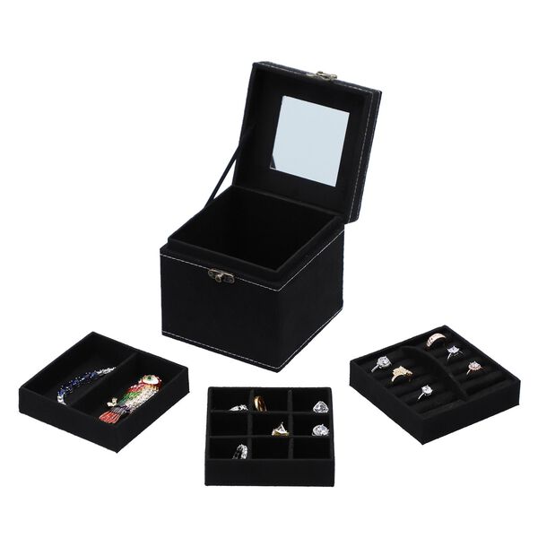 Schmuckkästchen aus Samt mit Spiegel, Schloss und Griff, 3 Ebenen, Schwarz image number 6