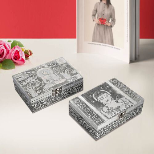 2er-Set Lord Buddha geprägte Schmuckkästen, Größe: 17,7x12,7x5,08 cm, Silber und Blau image number 0