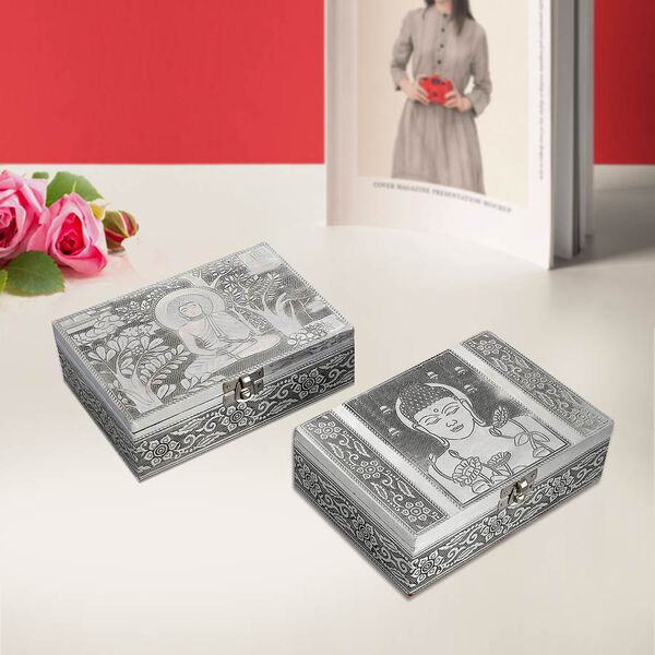 2er-Set Lord Buddha geprägte Schmuckkästen, Größe: 17,7x12,7x5,08 cm, Silber und Blau image number 0