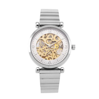 GENOA TIME V2 Automatik-Mechanische Uhr, Edelstahlarmband, Wei&szlig;es Zifferblatt mit Sonnenschein-Design, 3ATM Wasserdicht, 8.5 cm, Silber