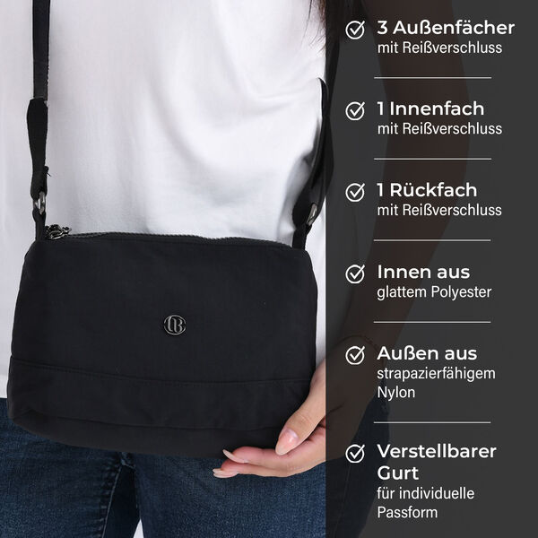 Nylon Crossbody-Tasche mit Reißverschlussfächern, verstellbarem Schulterriemen, Schwarz image number 3