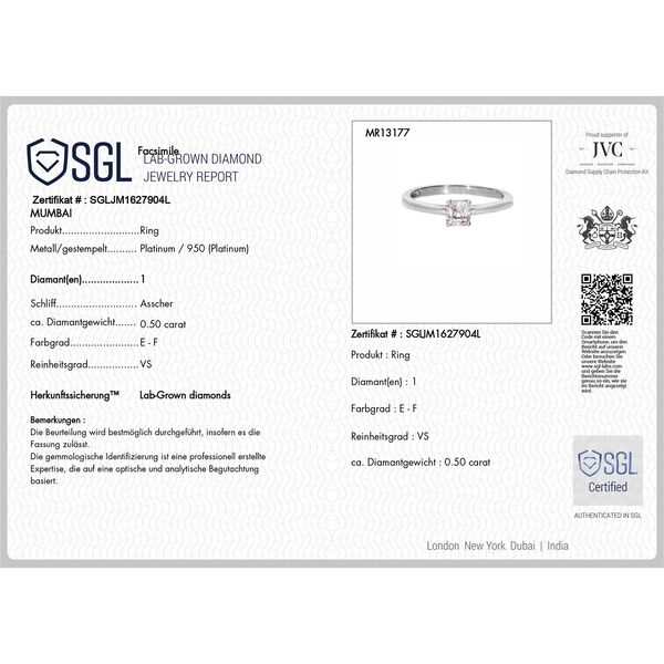 LUXURIANT SGL zertifizierter VS-EF Labor Asscherschliff Diamant Ring in 950 Platin - 0,50 ct. image number 5