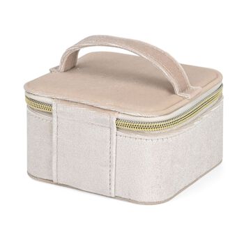 Samt-Schmuckbox mit 4 transparenten Schmuckbeuteln, 12x12x7 cm, Cr&egrave;me