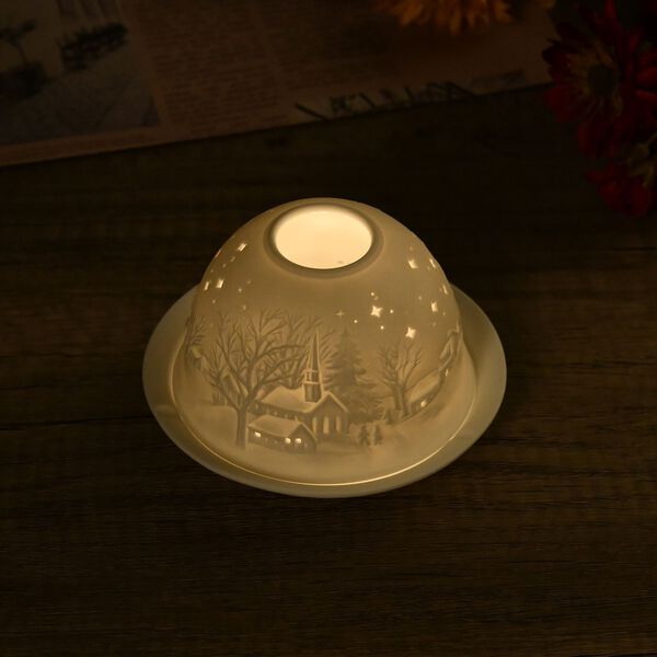 Porzellan-Teelichthalter mit LED, Kapelle im Winter Motiv image number 2