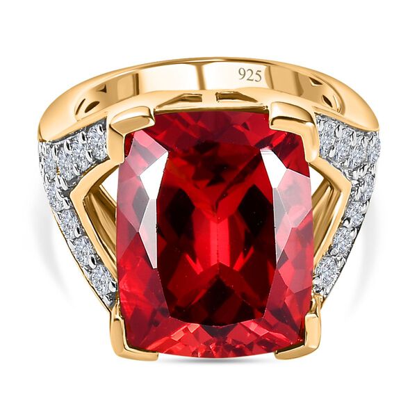 Lab Grown Padparadscha-Saphir, Wei&szlig;er Zirkon Ring, 925 Silber Gelbgold Vermeil, (Gr&ouml;&szlig;e 18.00) ca. 15.86 ct image number 2