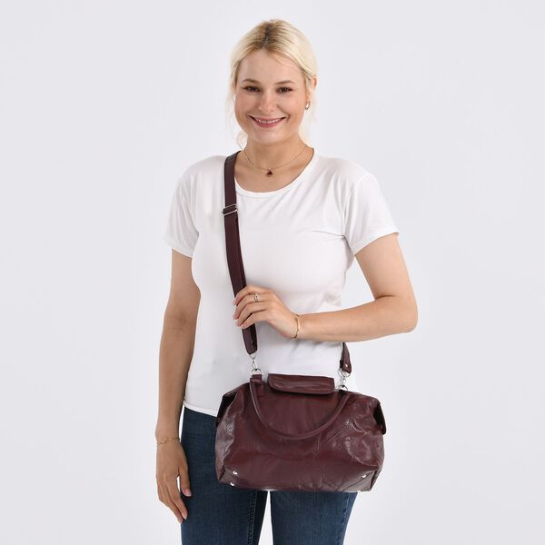 CLOSE OUT DEAL Patchwork-Tasche aus weichem Schafleder, mit Tragegriffen und abnehmbarem Schulterriemen, 29x15x21 cm, Burgund image number 2