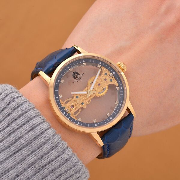 William Hunt Automatik-Uhr, Hohles Zifferblatt mit weißen Kristallen, Blau Lederarmband, 5ATM wasserdicht image number 2