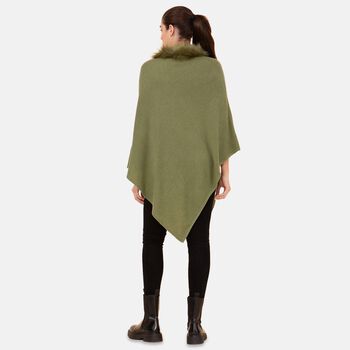 LA MAREY - Kaschmir Poncho mit Kunstfell Bord&uuml;re, Olivgr&uuml;n