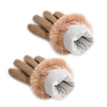 Kaschmir-Handschuhe mit Kunstfellbesatz und Touchscreen-Funktion, One Size, Braun