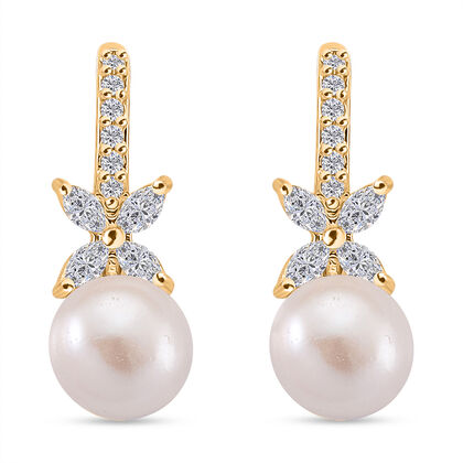 Wei&szlig;e S&uuml;&szlig;wasser Perle (6-8 mm), Wei&szlig;er Zirkonia Ohrringe Nickelfreies Messing vergoldet