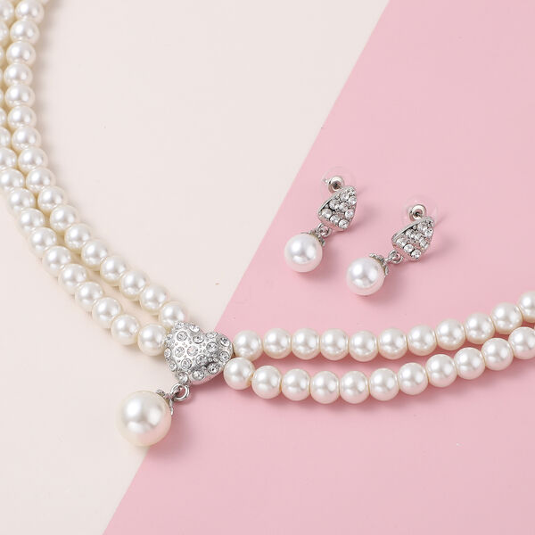 2er - Set wei&szlig;e Glasperlen und Kristall-Halskette, ca. 50 cm, und Ohrringe silberfarben image number 1