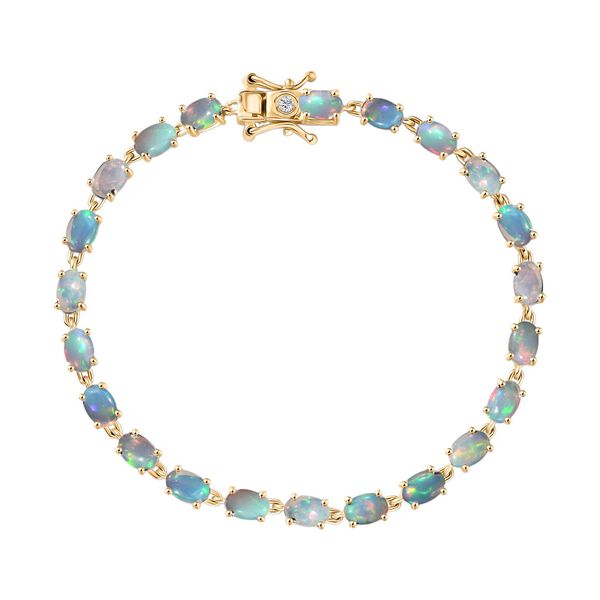 AA nat&uuml;rliches, &auml;thiopisches Welo Opal und Labor Diamant 20cm Armband, 925 Silber vergoldet - 7,19 ct.