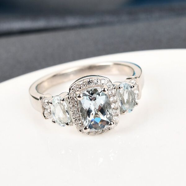 Aquamarin und Zirkon Ring 925 Silber Platin-&Uuml;berzug image number 2