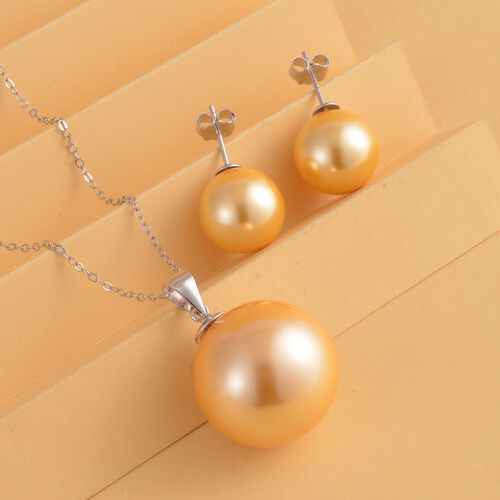 2er Set - Goldene Muschelkernperlen Ohrringe und Anhänger mit Kette Schmuckset, Edelstahl, 925 Silber rhodiniert image number 1