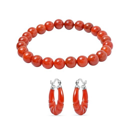 2er Set - Rote Jade Armband und Ohrringe Schmuckset, 925 Silber rhodiniert ca. 129.00 ct image number 0