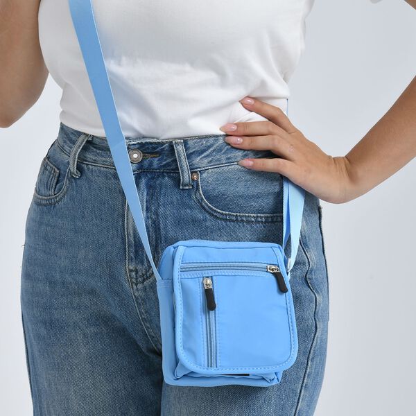 Umhängetasche mit mehreren Reißverschlussfächern und RFID-Schutz, 12,5x6x16cm, Blau image number 4