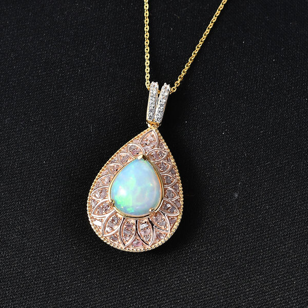 D'Joy AAA nat&uuml;rlicher, &auml;thiopischer Welo Opal, rosa Diamant und Zirkon Anh&auml;nger mit 50cm Kette - 3,62 ct. image number 2