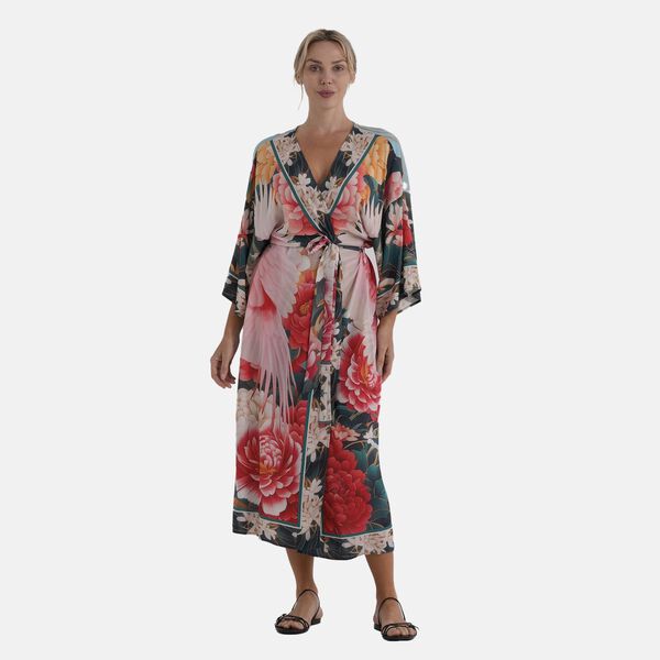 LA MAREY Kimono mit Vogel- und Blumenprint 100% Viskose Einheitsgr&ouml;&szlig;e 128 cm L&auml;nge, Gr&uuml;n