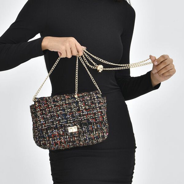 Umhängetasche aus 100% echtem Leder mit Bouclé-Stoff, Schwarz image number 3