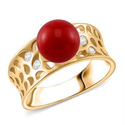 Rote Muschelkernperle, Moissanit Ring 925 Silber vergoldet (Gr&ouml;&szlig;e 18.00)