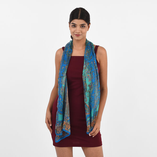 Bedruckter 100% Satin-Seidenschal, 48x160cm, Blau image number 3