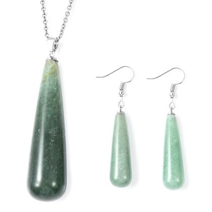 2er Set - Gr&uuml;ner Aventurin Tropfen Anh&auml;nger mit Kette (ca. 61 cm) und Ohrringe, 316L Edelstahl, ca. 175.00 ct