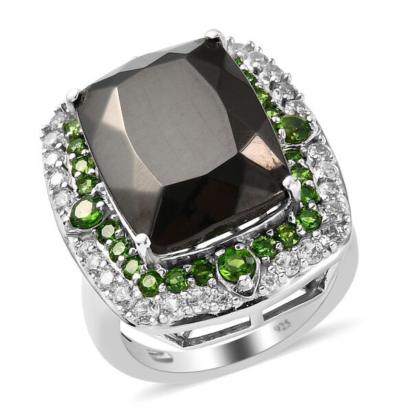Elite Shungit und Natürlicher Chromdiopsid Halo Ring, 925 Silber platiniert  ca. 8,95 ct image number 4