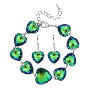 2er Set - Gr&uuml;ner Magie Farbe Kristall Armband und Ohrringe, Silberfarben