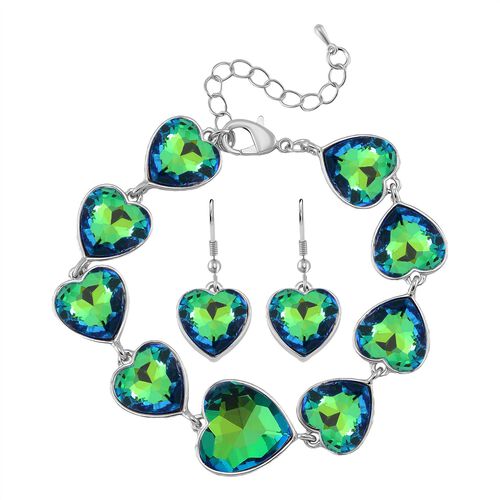 2er Set - Grüner Magie Farbe Kristall Armband und Ohrringe, Silberfarben image number 0