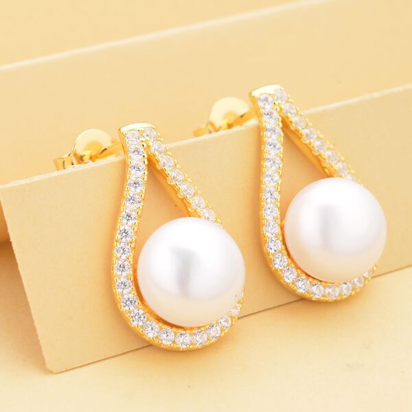 S&uuml;&szlig;wasserperlen und wei&szlig;e Zirkon-Ohrringe, 925 Silber vergoldet ca. 1,00 ct image number 2