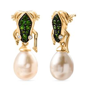 Süßwasser Perle, Natürlicher Chromdiopsid Ohrringe 925 Silber 750 Gelbgold Vermeil (10-15 Werktage Lieferzeit) 22.08 ct