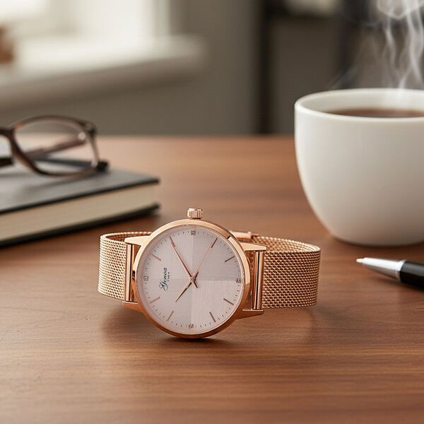 GENOA TIME - V2 Automatik Armbanduhr, Geh&auml;use 316 Edelstahl Sonnenschein Zifferblatt mit wei&szlig;em Diamant Edelstahl Mesharmband ros&eacute;goldfarben image number 2