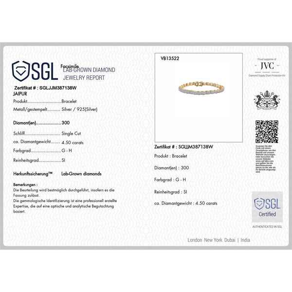 LUXURIANT SGL zertifiziertes SI-GH Labor Diamant 19cm Armband, 925 Silber 750 Gelbgold Vermeil - 4,50 ct. image number 5