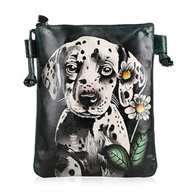 VIVID by SUKRITI Handbemalte Umhängetasche aus echtem Leder, Schwarz, 15,75x19,80cm, Hund