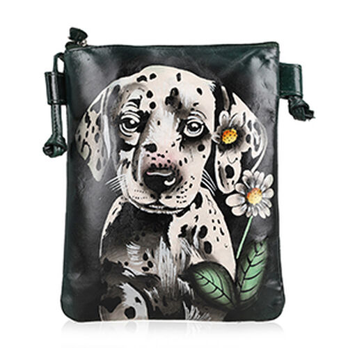 VIVID by SUKRITI Handbemalte Umhängetasche aus echtem Leder, Schwarz, 15,75x19,80cm, Hund image number 0