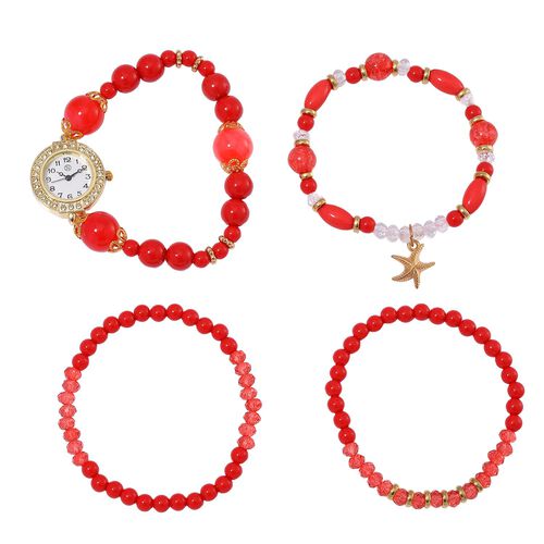 4er Set STRADA - Uhr mit Rote Kristall Armbänder image number 0