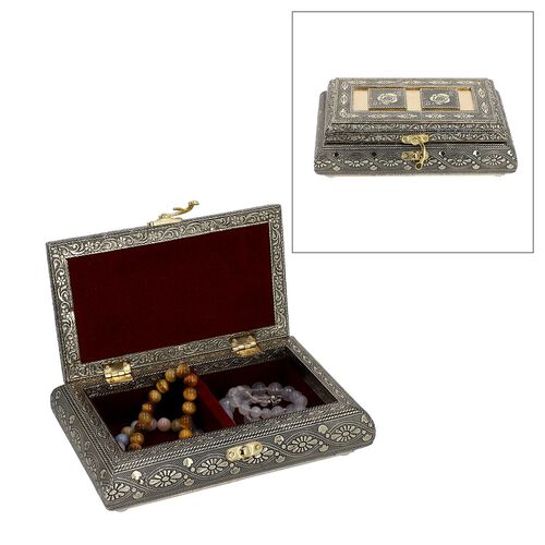 Handgefertigte Schmuckbox, Teakholz, oxidiertes Aluminium, antiker Look, 19,7x12x7,3 cm, Goldenfarben