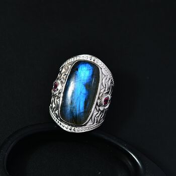 AAA Labradorit, Nat&uuml;rlicher Rhodolith Granat Ring, 925 Silber platiniert, (Gr&ouml;&szlig;e 18.00) ca. 17.68 ct