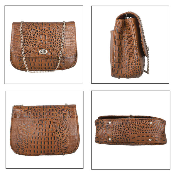 Umhängetasche aus echtem Leder mit Kroko-Prägung und Kettenriemen, Braun image number 5